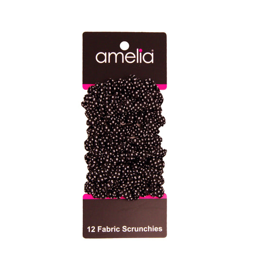 Amelia Beauty, Black/White Polka Dot Jersey Scrunchies, 2.25in Diameter, Gentle on Hair, Strong Hold, No Snag, No Dents or Creases. 12 Pack