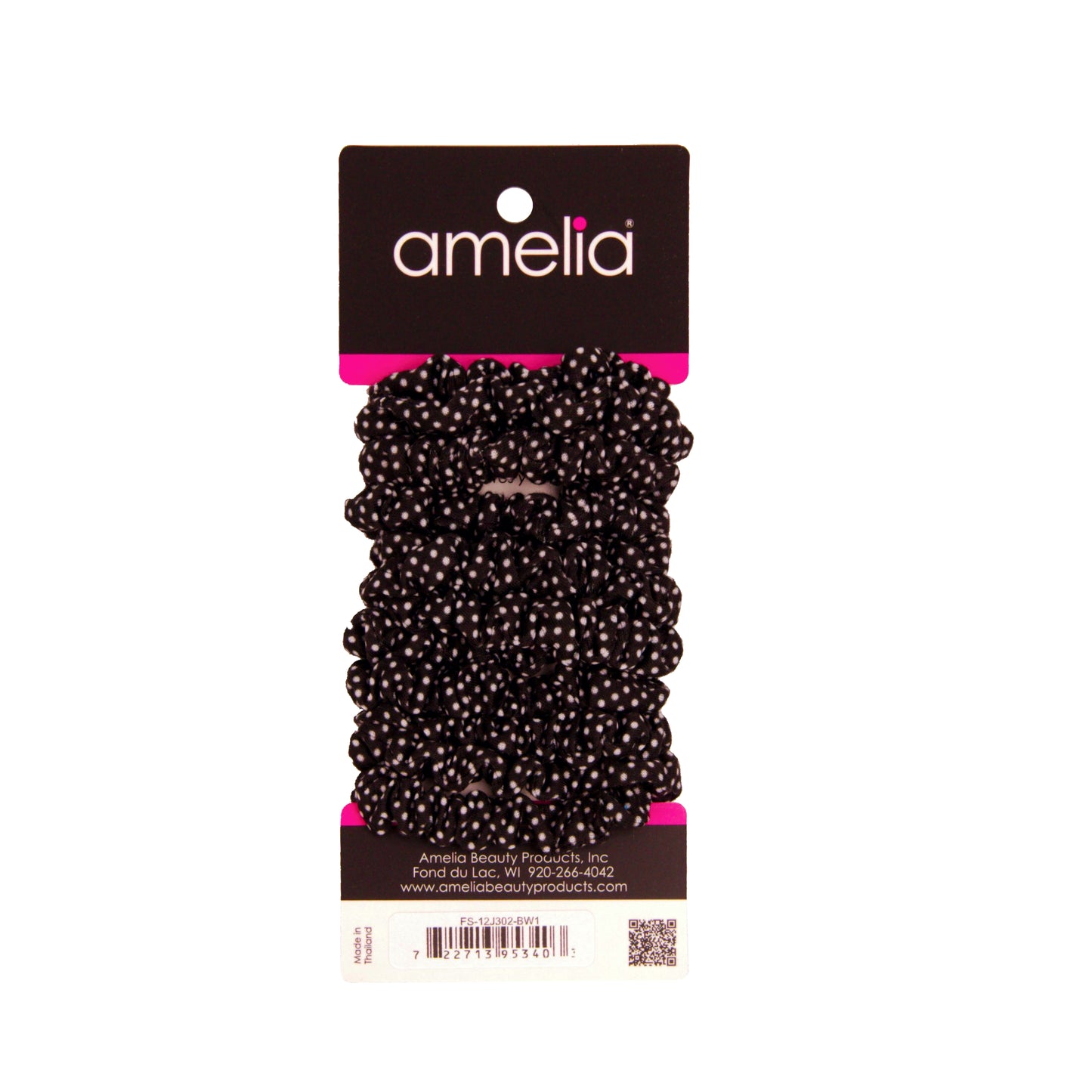 Amelia Beauty, Black/White Polka Dot Jersey Scrunchies, 2.25in Diameter, Gentle on Hair, Strong Hold, No Snag, No Dents or Creases. 12 Pack