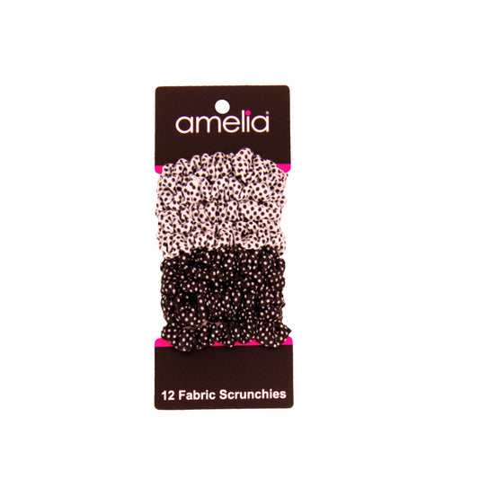 Amelia Beauty, Black and White Polka Dot Mix Jersey Scrunchies, 2.25in Diameter, Gentle on Hair, Strong Hold, No Snag, No Dents or Creases. 12 Pack