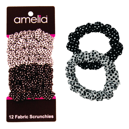 Amelia Beauty, Black and White Polka Dot Mix Jersey Scrunchies, 2.25in Diameter, Gentle on Hair, Strong Hold, No Snag, No Dents or Creases. 12 Pack