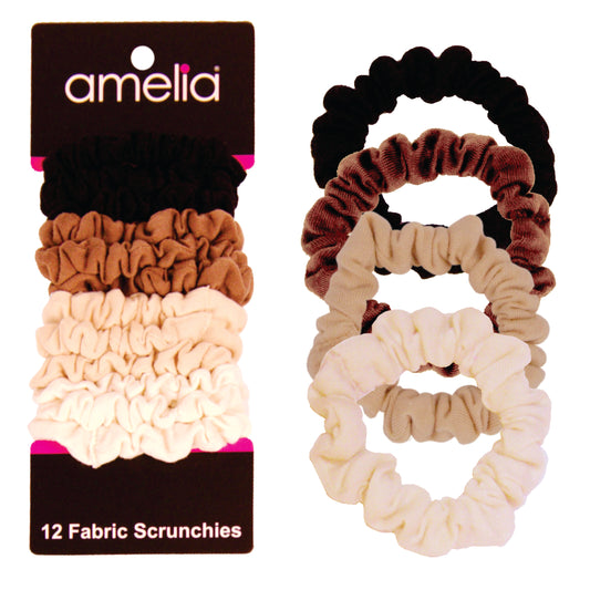 Amelia Beauty, Earth Mix Jersey Scrunchies, 2.25in Diameter, Gentle on Hair, Strong Hold, No Snag, No Dents or Creases. 12 Pack