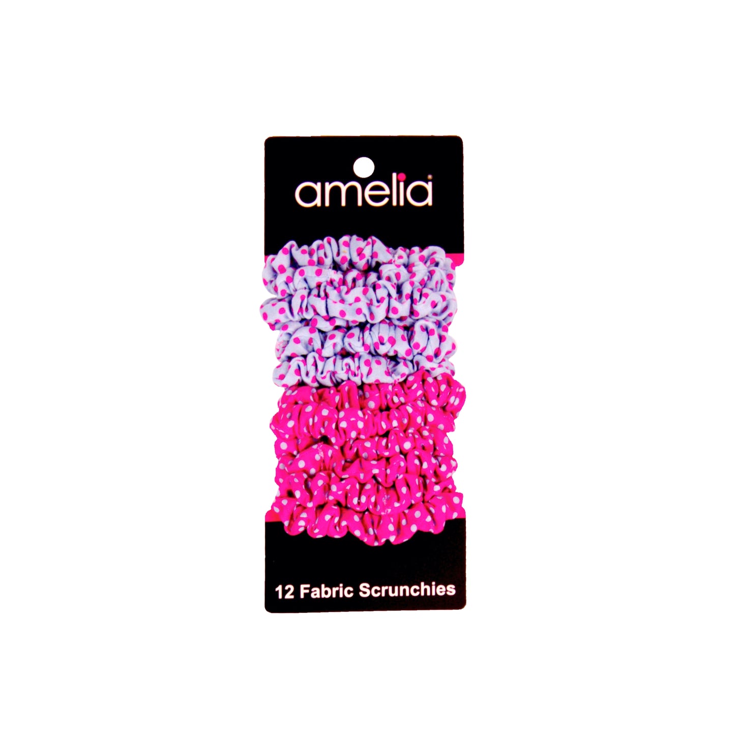Amelia Beauty, Pink and Blue Polka Dot Mix Jersey Scrunchies, 2.25in Diameter, Gentle on Hair, Strong Hold, No Snag, No Dents or Creases. 12 Pack