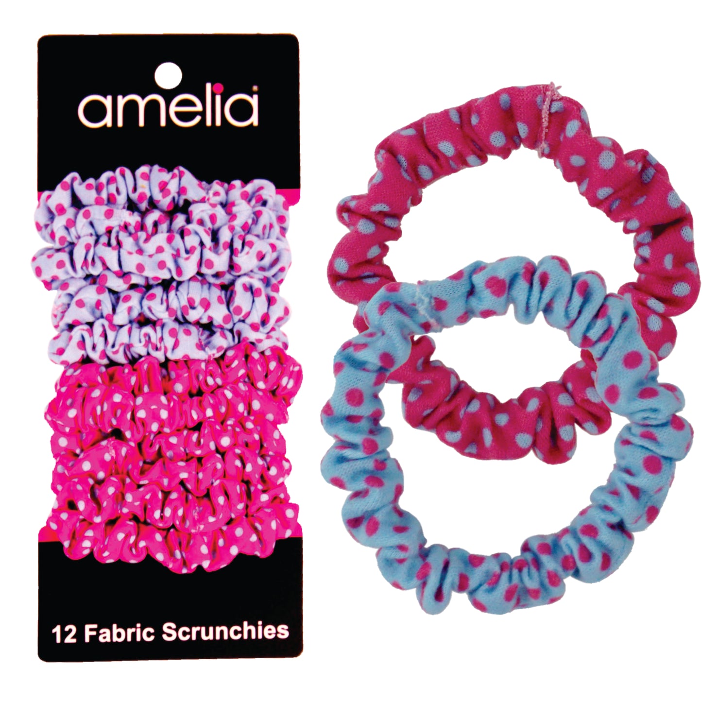 Amelia Beauty, Pink and Blue Polka Dot Mix Jersey Scrunchies, 2.25in Diameter, Gentle on Hair, Strong Hold, No Snag, No Dents or Creases. 12 Pack