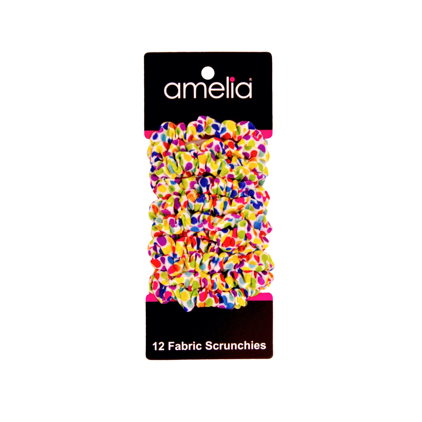 Amelia Beauty, Rainbow Dots Jersey Scrunchies, 2.25in Diameter, Gentle on Hair, Strong Hold, No Snag, No Dents or Creases. 12 Pack