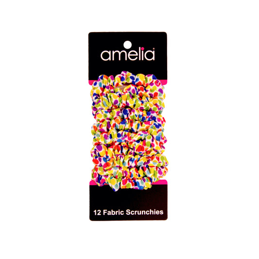 Amelia Beauty, Rainbow Dots Jersey Scrunchies, 2.25in Diameter, Gentle on Hair, Strong Hold, No Snag, No Dents or Creases. 12 Pack