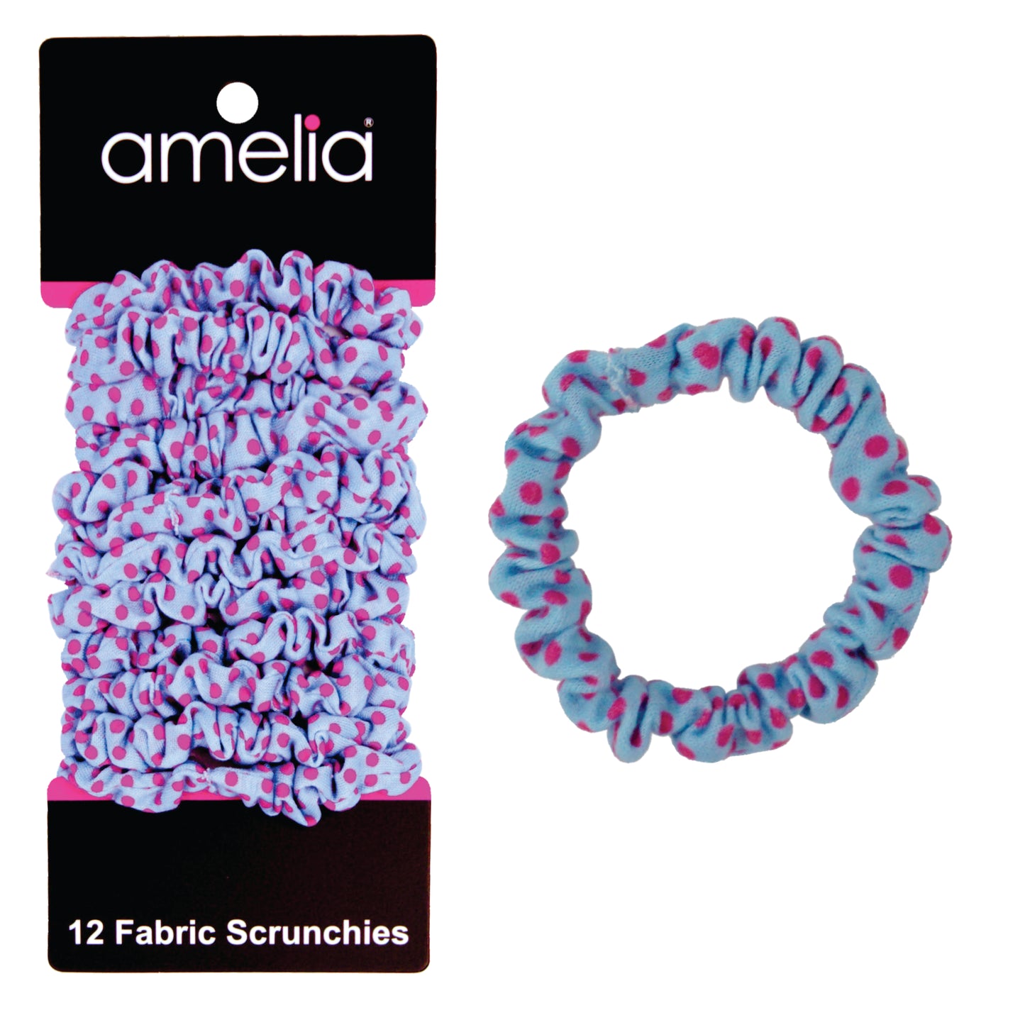 Amelia Beauty, Blue/Pink Dot Jersey Scrunchies, 2.25in Diameter, Gentle on Hair, Strong Hold, No Snag, No Dents or Creases. 12 Pack