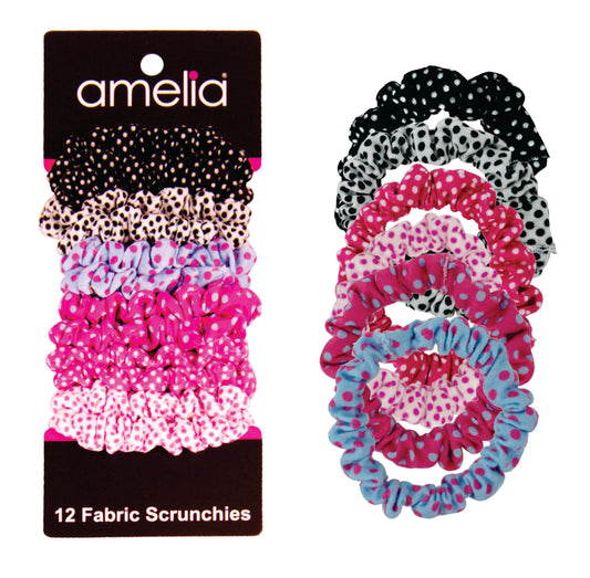 Amelia Beauty, Polka Dot Mix Jersey Scrunchies, 2.25in Diameter, Gentle on Hair, Strong Hold, No Snag, No Dents or Creases. 12 Pack
