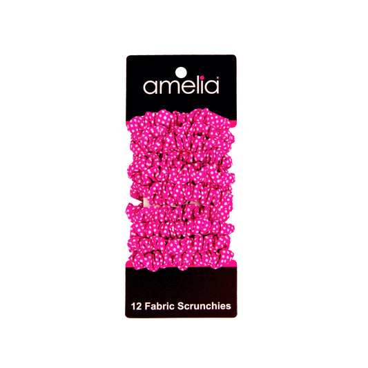 Amelia Beauty, Purple/White Dot Jersey Scrunchies, 2.25in Diameter, Gentle on Hair, Strong Hold, No Snag, No Dents or Creases. 12 Pack