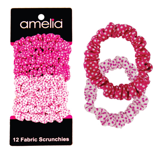 Amelia Beauty, Pink and White Polka Dot Mix Jersey Scrunchies, 2.25in Diameter, Gentle on Hair, Strong Hold, No Snag, No Dents or Creases. 12 Pack