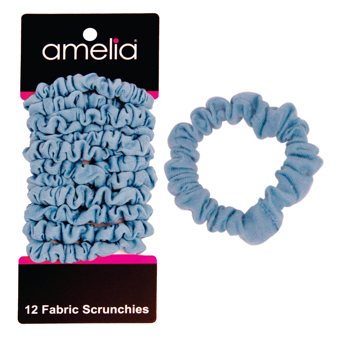 Amelia Beauty, Sky Jersey Scrunchies, 2.25in Diameter, Gentle on Hair, Strong Hold, No Snag, No Dents or Creases. 12 Pack