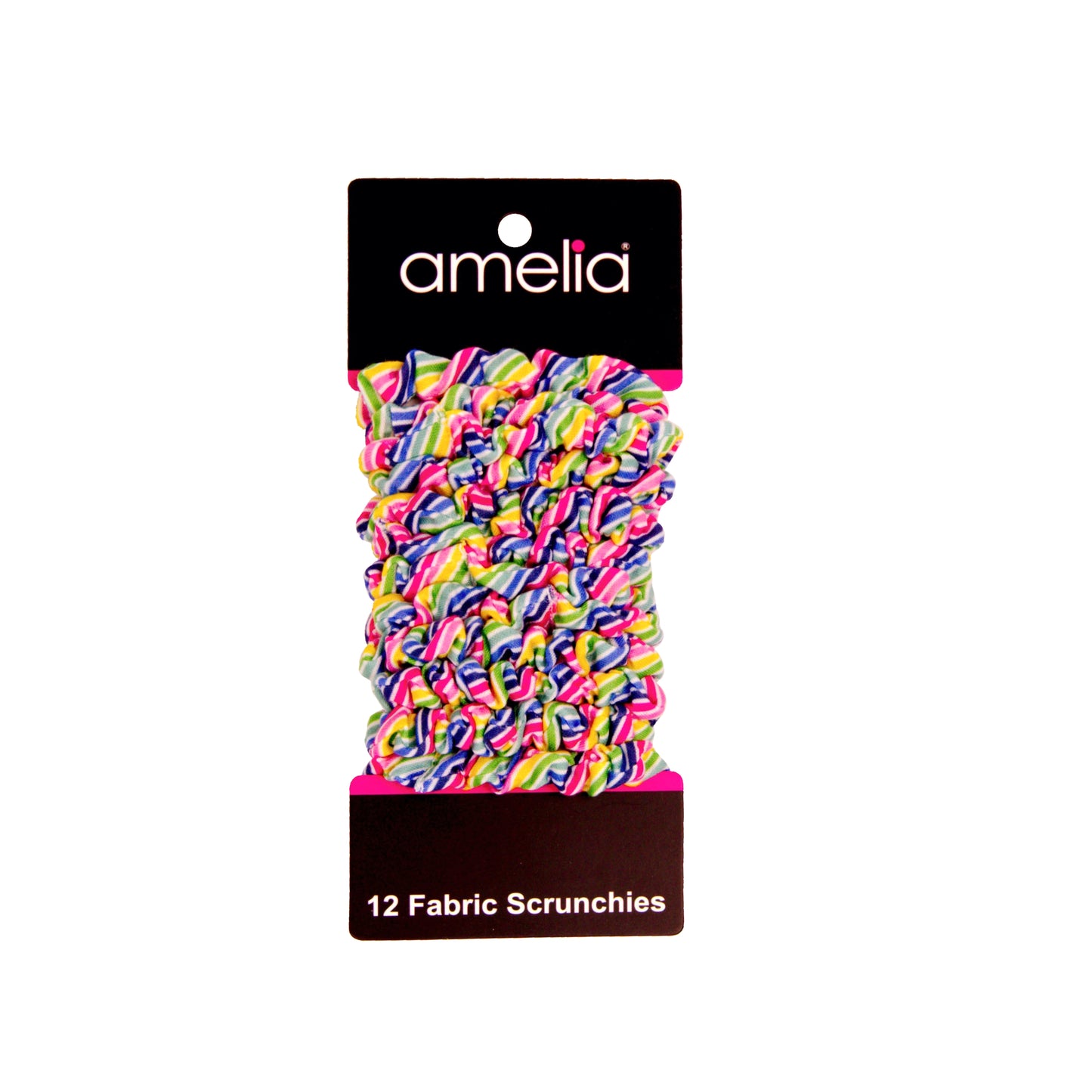 Amelia Beauty, Rainbow Stripe Jersey Scrunchies, 2.25in Diameter, Gentle on Hair, Strong Hold, No Snag, No Dents or Creases. 12 Pack