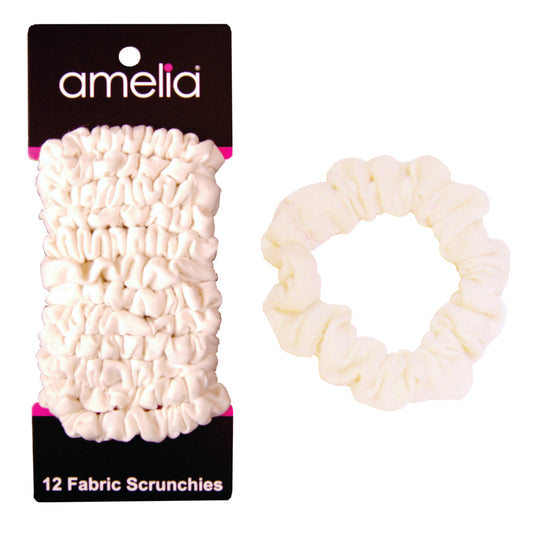 Amelia Beauty, White Jersey Scrunchies, 2.25in Diameter, Gentle on Hair, Strong Hold, No Snag, No Dents or Creases. 12 Pack