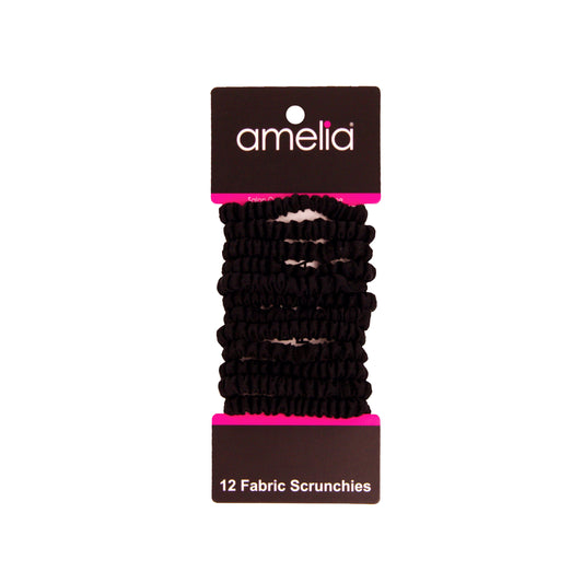 Amelia Beauty, Black Skinny Jersey Scrunchies, 2.125in Diameter, Gentle on Hair, Strong Hold, No Snag, No Dents or Creases. 12 Pack