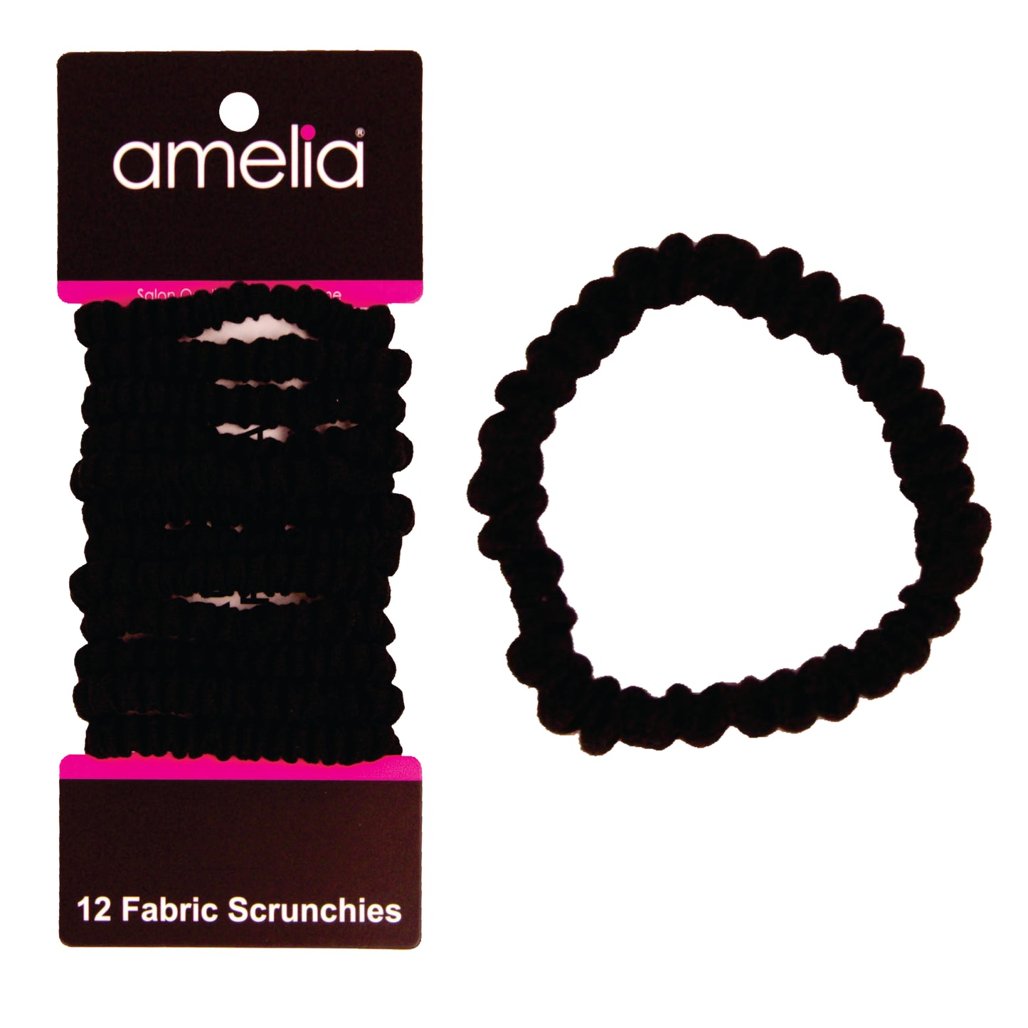 Amelia Beauty, Black Skinny Jersey Scrunchies, 2.125in Diameter, Gentle on Hair, Strong Hold, No Snag, No Dents or Creases. 12 Pack