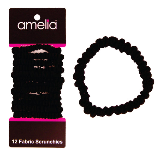 Amelia Beauty, Black Skinny Jersey Scrunchies, 2.125in Diameter, Gentle on Hair, Strong Hold, No Snag, No Dents or Creases. 12 Pack