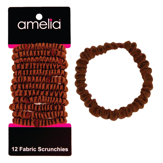 Amelia Beauty, Brown Skinny Jersey Scrunchies, 2.125in Diameter, Gentle on Hair, Strong Hold, No Snag, No Dents or Creases. 12 Pack