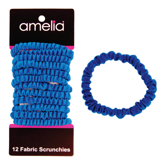 Amelia Beauty, Blue Skinny Jersey Scrunchies, 2.125in Diameter, Gentle on Hair, Strong Hold, No Snag, No Dents or Creases. 12 Pack