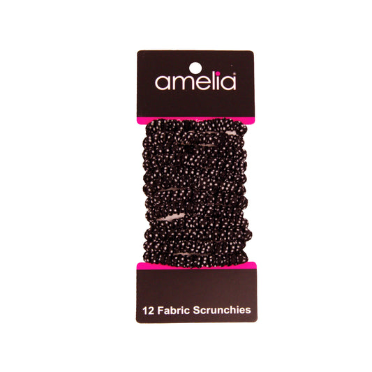 Amelia Beauty, Black with White Dots Skinny Jersey Scrunchies, 2.125in Diameter, Gentle on Hair, Strong Hold, No Snag, No Dents or Creases. 12 Pack