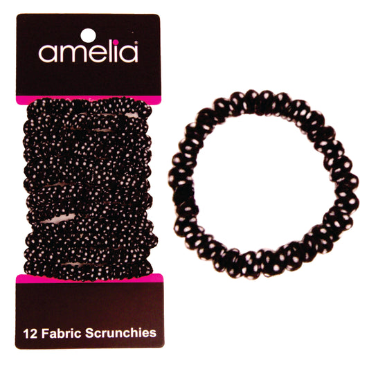 Amelia Beauty, Black with White Dots Skinny Jersey Scrunchies, 2.125in Diameter, Gentle on Hair, Strong Hold, No Snag, No Dents or Creases. 12 Pack