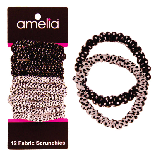 Amelia Beauty, Black and White Dot Mix Skinny Jersey Scrunchies, 2.125in Diameter, Gentle on Hair, Strong Hold, No Snag, No Dents or Creases. 12 Pack