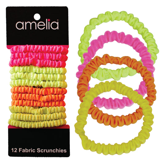 Amelia Beauty, Neon Mix Skinny Jersey Scrunchies, 2.125in Diameter, Gentle on Hair, Strong Hold, No Snag, No Dents or Creases. 12 Pack