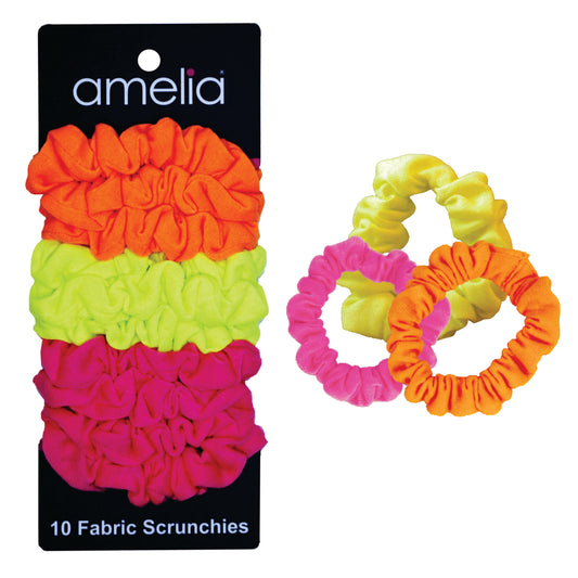 Amelia Beauty, Neon Mix Skinny Jersey Scrunchies, 2.125in Diameter, Gentle on Hair, Strong Hold, No Snag, No Dents or Creases. 12 Pack
