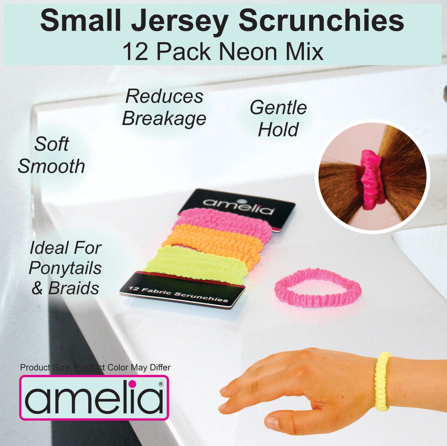 Amelia Beauty, Neon Mix Skinny Jersey Scrunchies, 2.125in Diameter, Gentle on Hair, Strong Hold, No Snag, No Dents or Creases. 12 Pack