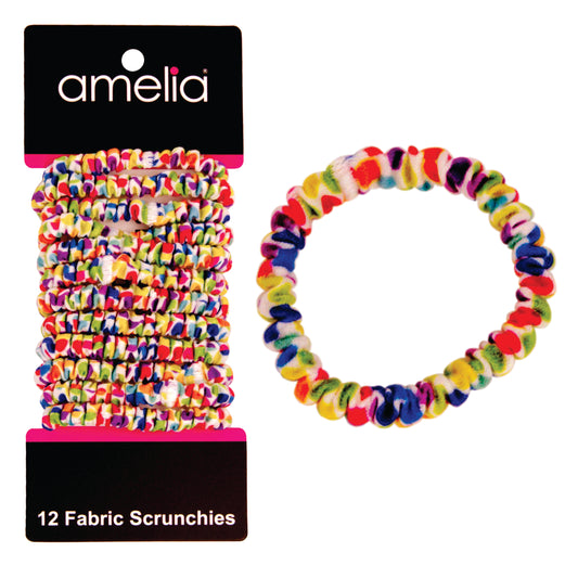 Amelia Beauty, Rainbow Dots Skinny Jersey Scrunchies, 2.125in Diameter, Gentle on Hair, Strong Hold, No Snag, No Dents or Creases. 12 Pack