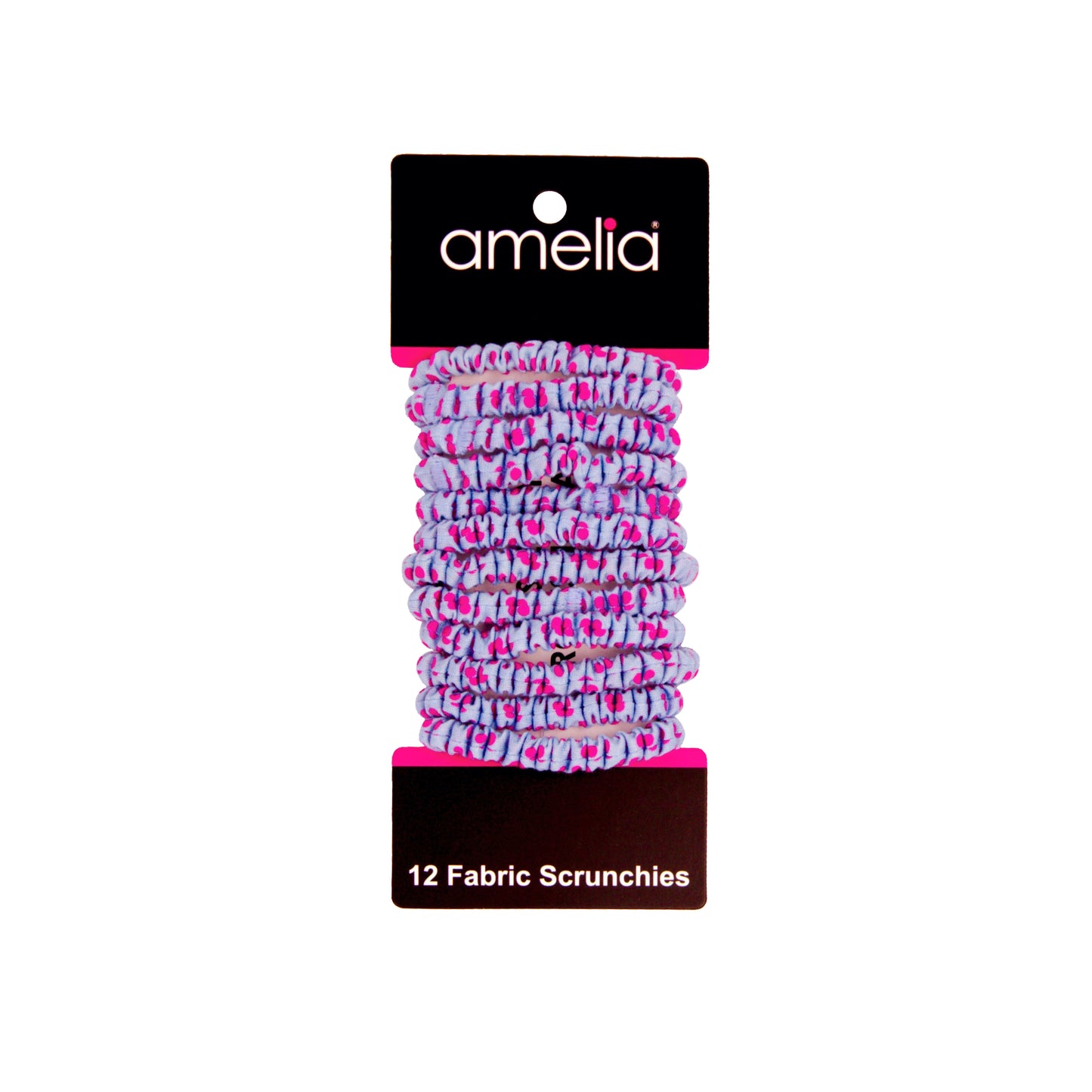 Amelia Beauty, Pink with Blue Dots Skinny Jersey Scrunchies, 2.125in Diameter, Gentle on Hair, Strong Hold, No Snag, No Dents or Creases. 12 Pack