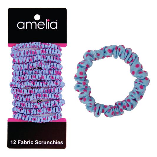 Amelia Beauty, Pink with Blue Dots Skinny Jersey Scrunchies, 2.125in Diameter, Gentle on Hair, Strong Hold, No Snag, No Dents or Creases. 12 Pack