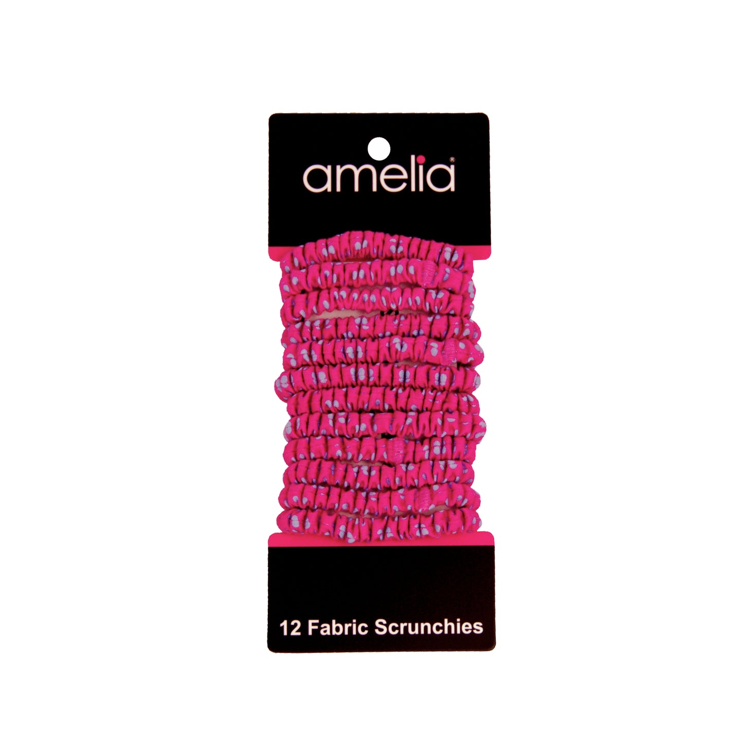 Amelia Beauty, Blue with Pink Dots Skinny Jersey Scrunchies, 2.125in Diameter, Gentle on Hair, Strong Hold, No Snag, No Dents or Creases. 12 Pack