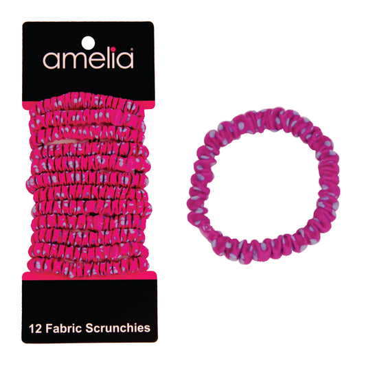 Amelia Beauty, Blue with Pink Dots Skinny Jersey Scrunchies, 2.125in Diameter, Gentle on Hair, Strong Hold, No Snag, No Dents or Creases. 12 Pack