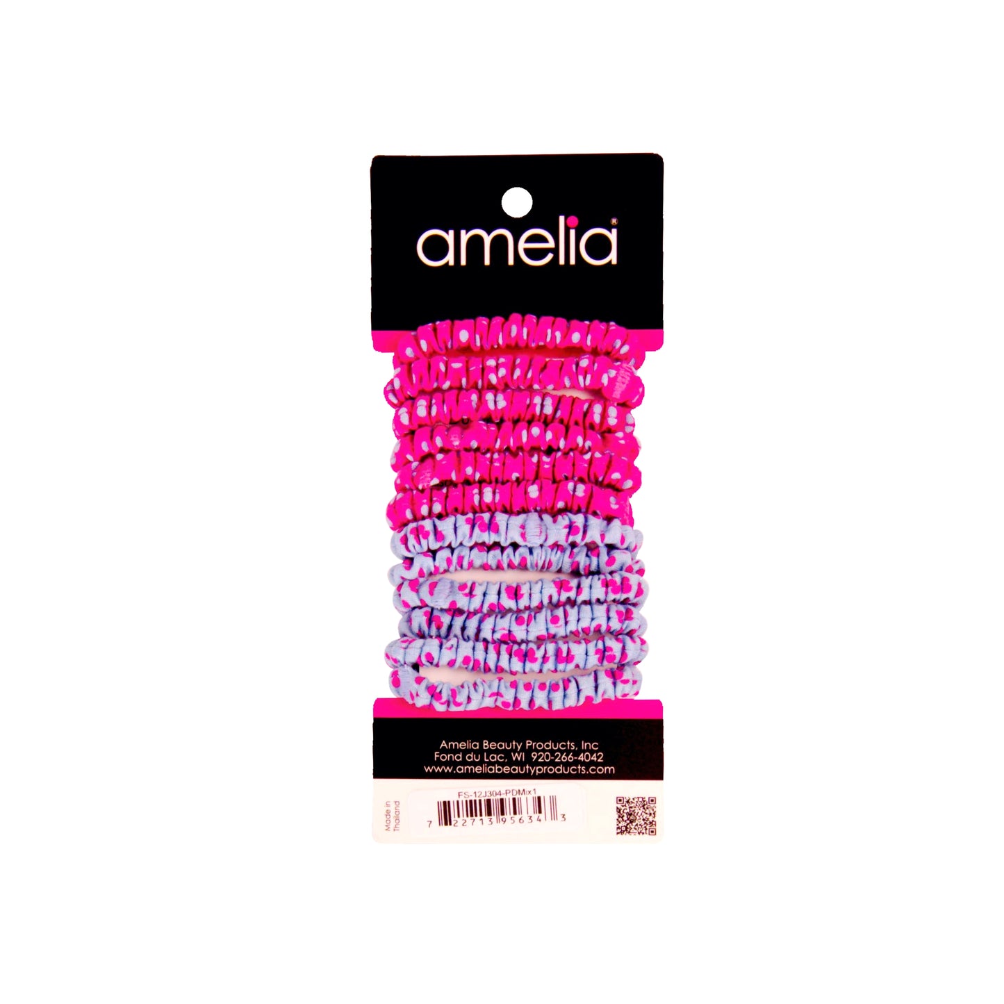 Amelia Beauty, Pink and Blue Polka Dot Mix Skinny Jersey Scrunchies, 2.125in Diameter, Gentle on Hair, Strong Hold, No Snag, No Dents or Creases. 12 Pack