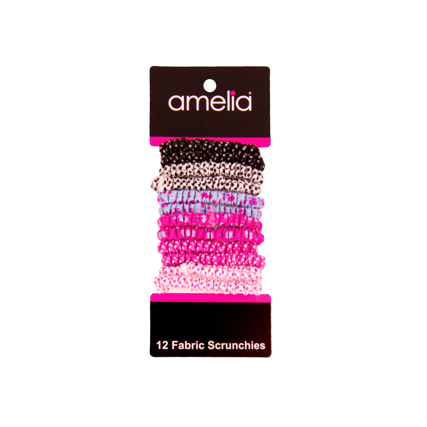 Amelia Beauty, Polka Dot Mix Skinny Jersey Scrunchies, 2.125in Diameter, Gentle on Hair, Strong Hold, No Snag, No Dents or Creases. 12 Pack
