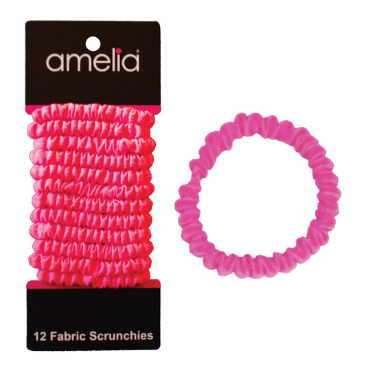 Amelia Beauty, Neon Pink Skinny Jersey Scrunchies, 2.125in Diameter, Gentle on Hair, Strong Hold, No Snag, No Dents or Creases. 12 Pack