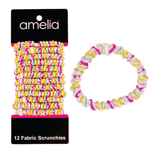 Amelia Beauty, Pastel Stripe Skinny Jersey Scrunchies, 2.125in Diameter, Gentle on Hair, Strong Hold, No Snag, No Dents or Creases. 12 Pack