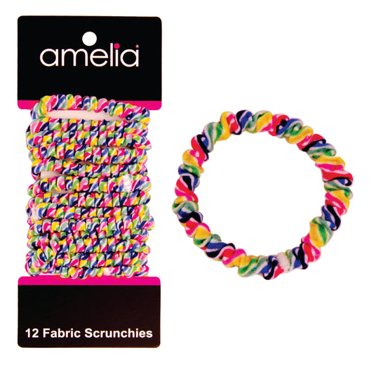 Amelia Beauty, Rainbow Stripe Skinny Jersey Scrunchies, 2.125in Diameter, Gentle on Hair, Strong Hold, No Snag, No Dents or Creases. 12 Pack