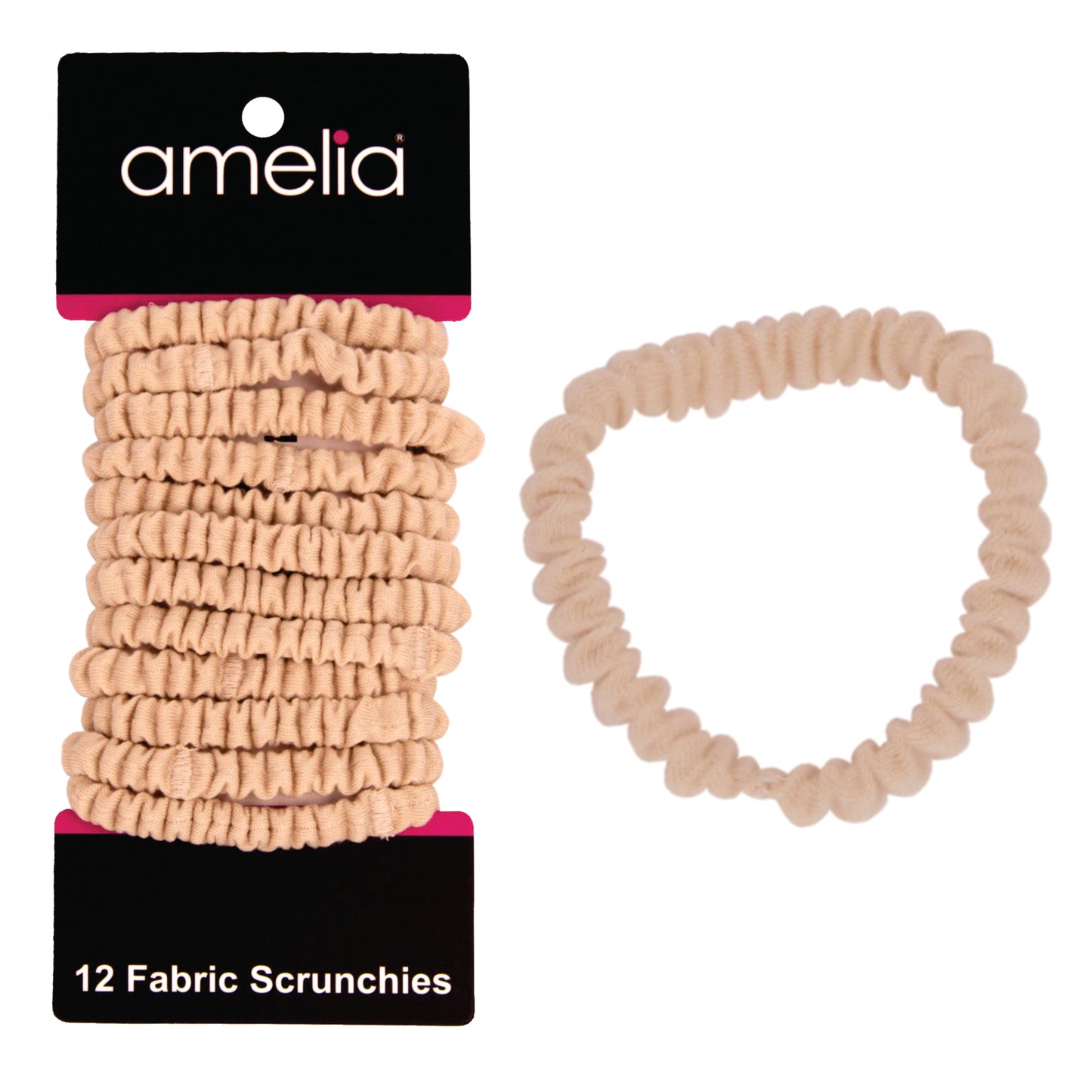 Amelia Beauty, Tan Skinny Jersey Scrunchies, 2.125in Diameter, Gentle on Hair, Strong Hold, No Snag, No Dents or Creases. 12 Pack