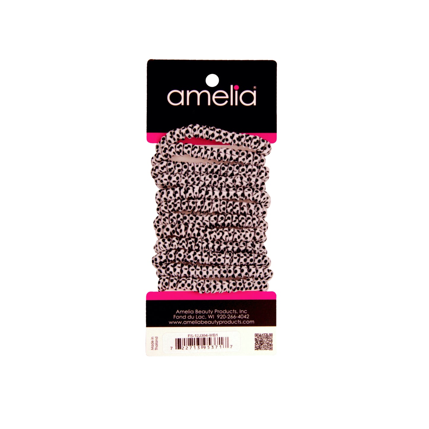 Amelia Beauty, White with Black Dots Skinny Jersey Scrunchies, 2.125in Diameter, Gentle on Hair, Strong Hold, No Snag, No Dents or Creases. 12 Pack