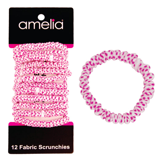 Amelia Beauty, White with Pink Dots Skinny Jersey Scrunchies, 2.125in Diameter, Gentle on Hair, Strong Hold, No Snag, No Dents or Creases. 12 Pack