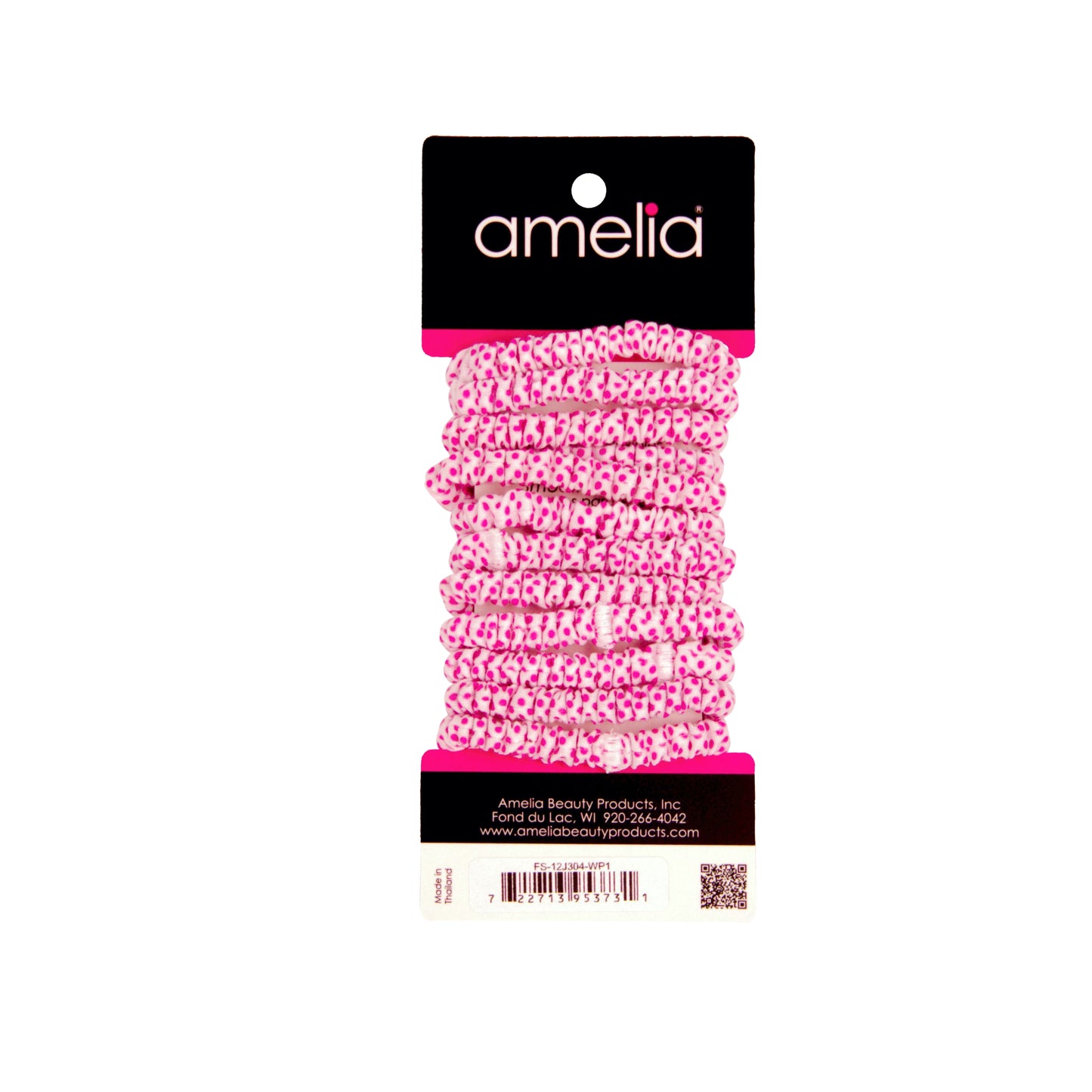 Amelia Beauty, White with Pink Dots Skinny Jersey Scrunchies, 2.125in Diameter, Gentle on Hair, Strong Hold, No Snag, No Dents or Creases. 12 Pack