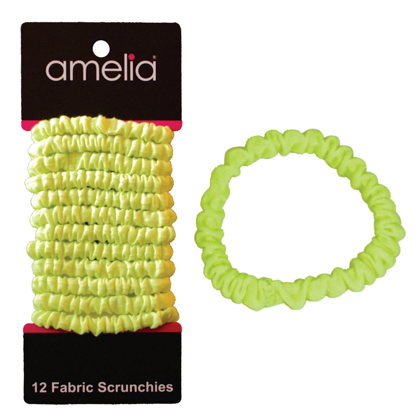 Amelia Beauty, Neon Yellow Skinny Jersey Scrunchies, 2.125in Diameter, Gentle on Hair, Strong Hold, No Snag, No Dents or Creases. 12 Pack