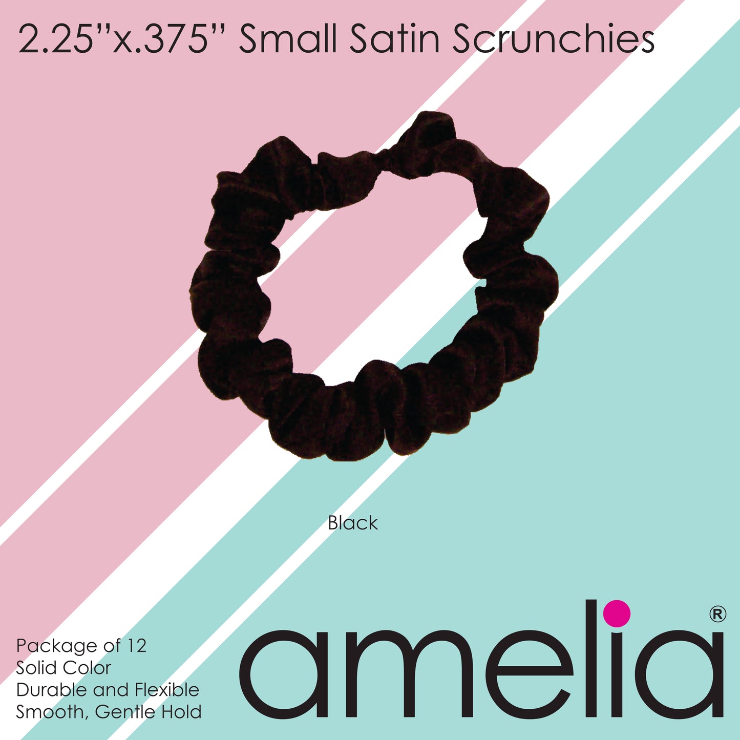 Amelia Beauty, Black Satin Scrunchies, 2.25in Diameter, Gentle on Hair, Strong Hold, No Snag, No Dents or Creases. 12 Pack