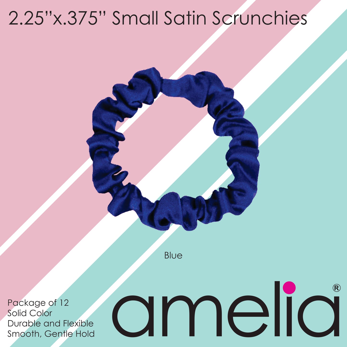 Amelia Beauty, Blue Satin Scrunchies, 2.25in Diameter, Gentle on Hair, Strong Hold, No Snag, No Dents or Creases. 12 Pack