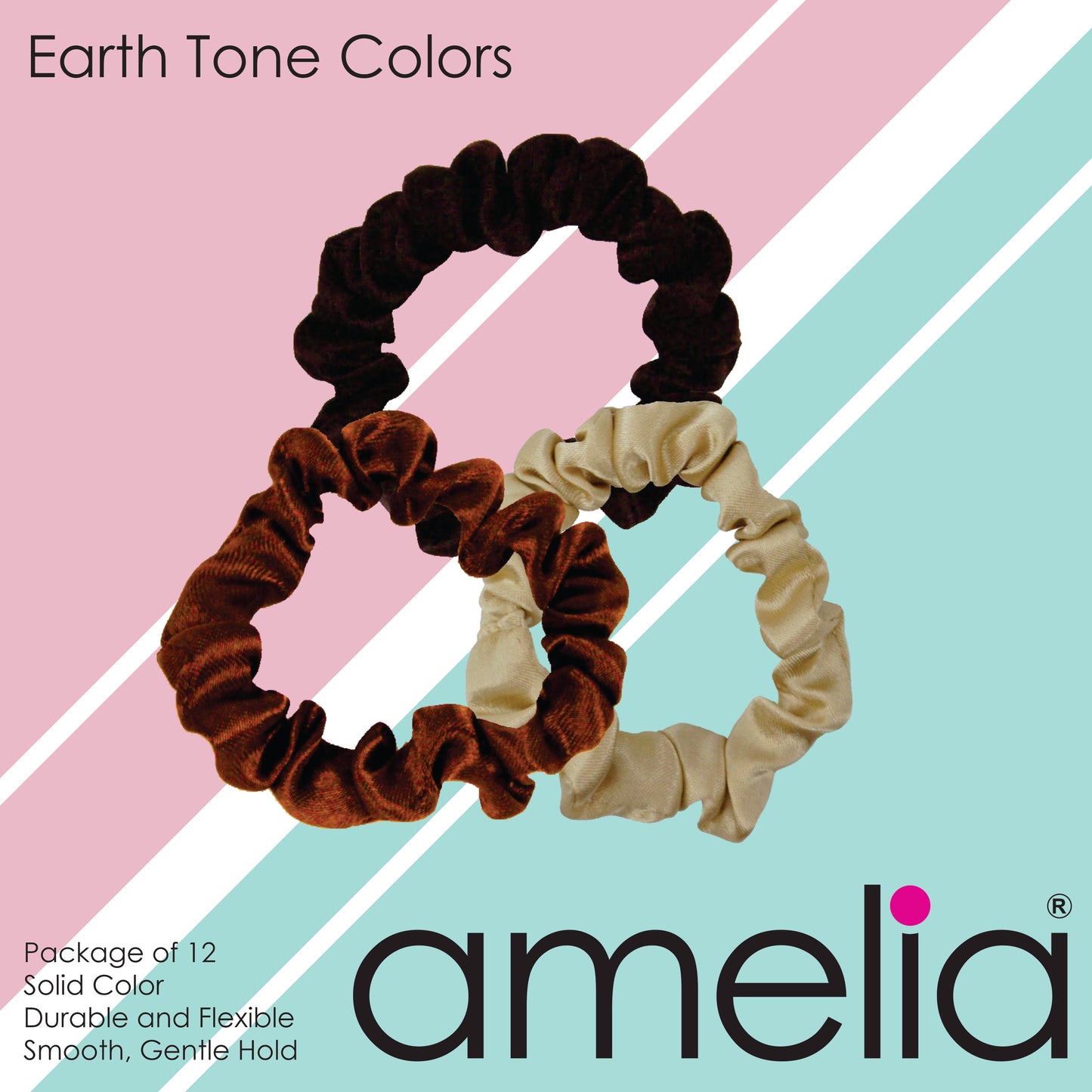 Amelia Beauty, Earth Tones Satin Scrunchies, 2.25in Diameter, Gentle on Hair, Strong Hold, No Snag, No Dents or Creases. 12 Pack