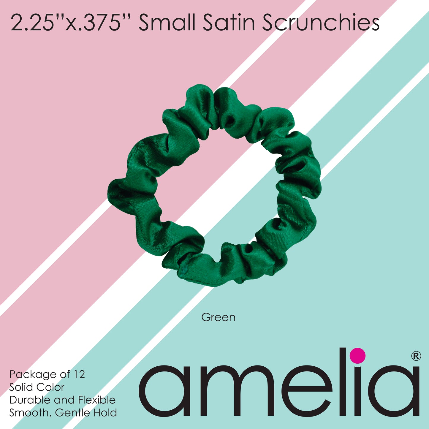Amelia Beauty, Green Satin Scrunchies, 2.25in Diameter, Gentle on Hair, Strong Hold, No Snag, No Dents or Creases. 12 Pack