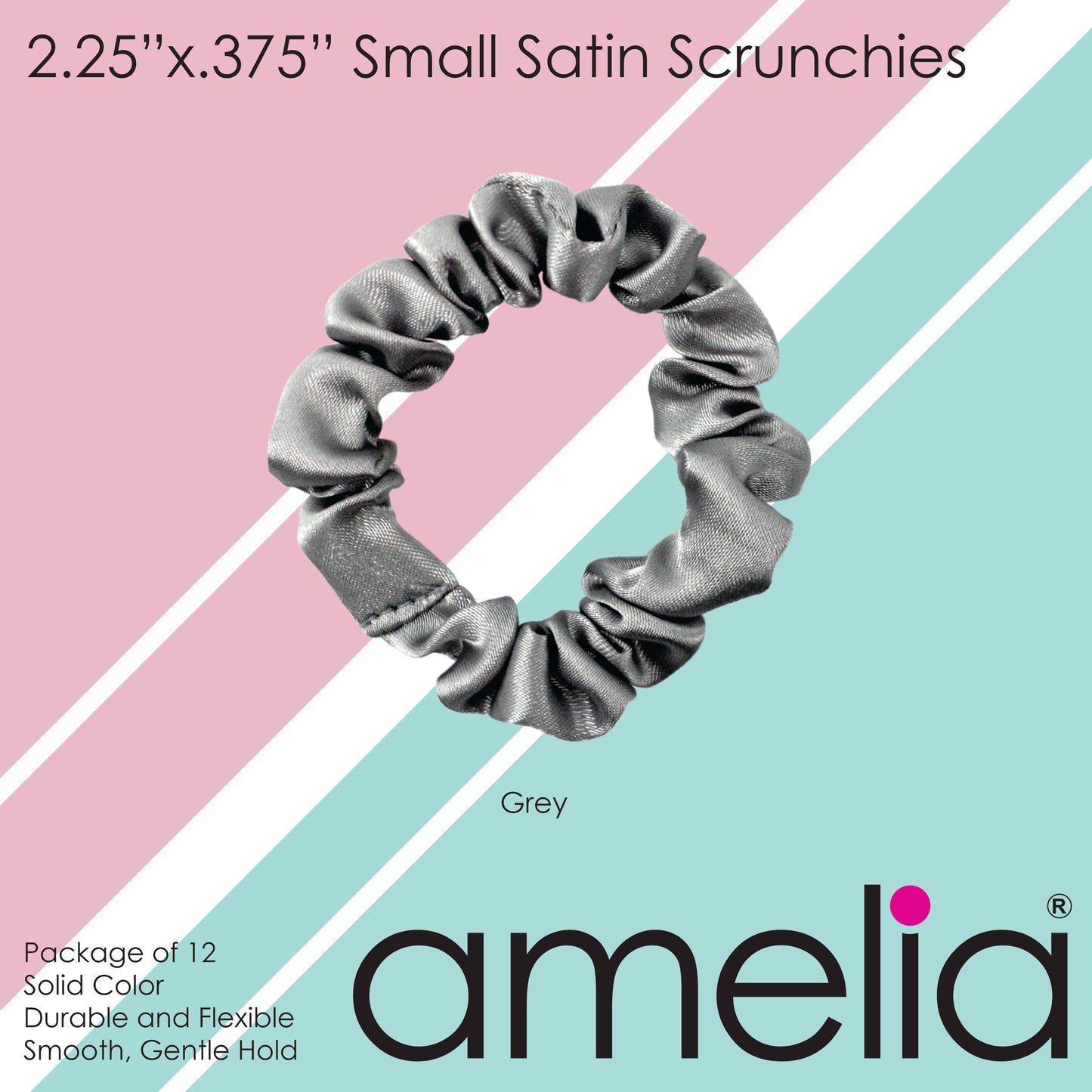 Amelia Beauty, Gray Satin Scrunchies, 2.25in Diameter, Gentle on Hair, Strong Hold, No Snag, No Dents or Creases. 12 Pack