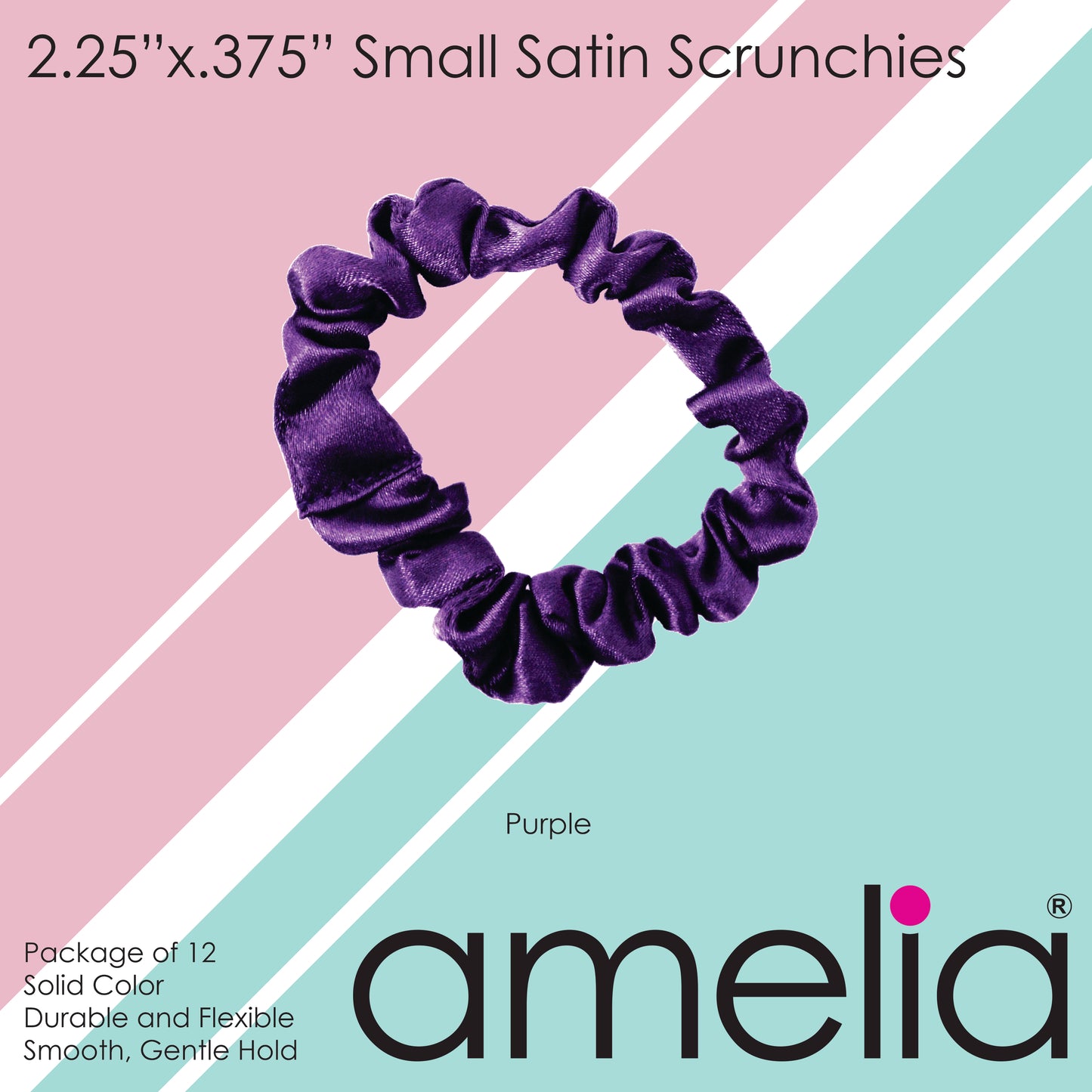 Amelia Beauty, Purple Satin Scrunchies, 2.25in Diameter, Gentle on Hair, Strong Hold, No Snag, No Dents or Creases. 12 Pack