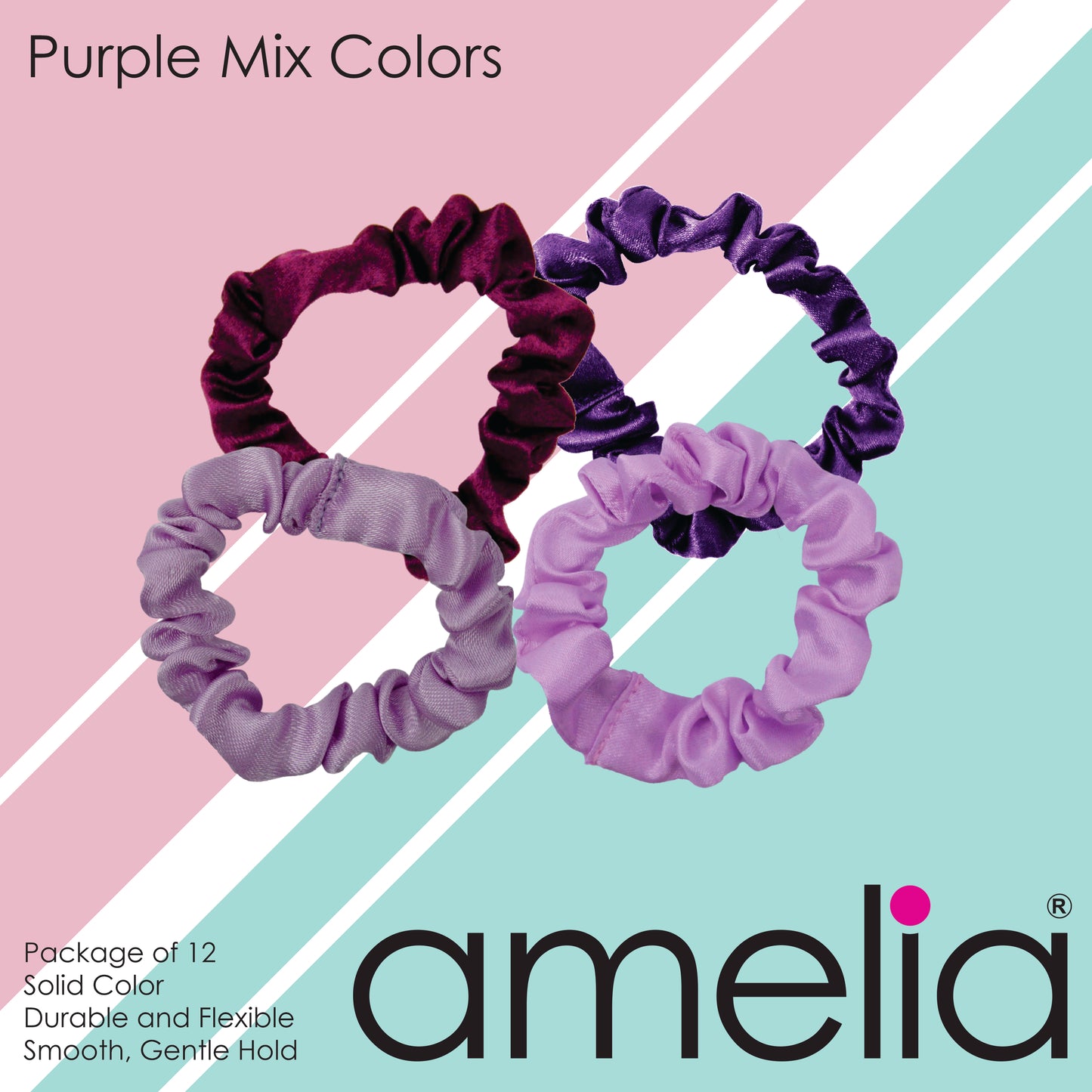 Amelia Beauty, Purple Mix Satin Scrunchies, 2.25in Diameter, Gentle on Hair, Strong Hold, No Snag, No Dents or Creases. 12 Pack