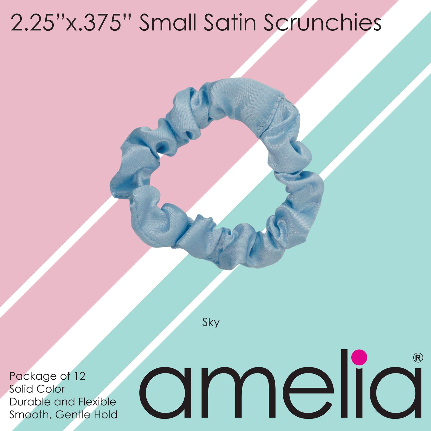 Amelia Beauty, Sky Satin Scrunchies, 2.25in Diameter, Gentle on Hair, Strong Hold, No Snag, No Dents or Creases. 12 Pack
